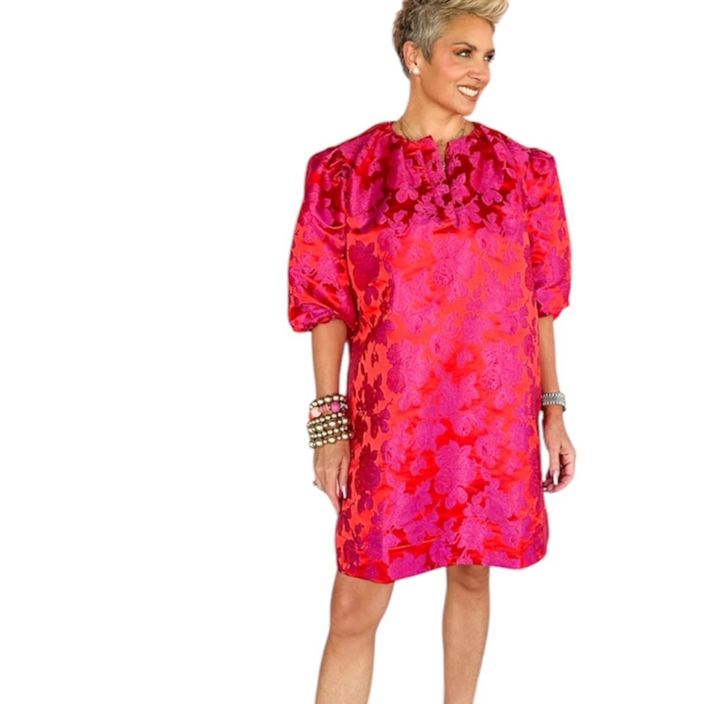 CARYN LAWN Asher Floral Jacquard Puff Sleeve Mini Dress Metallic Red Pink OS - Picture 6 of 15